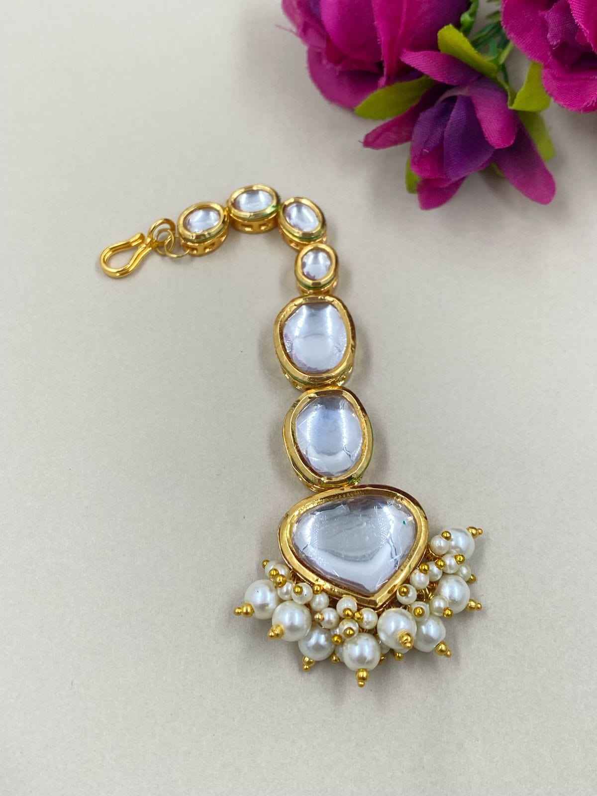 Traditional Pearls Kundan Tikka And Earrings Set For Women