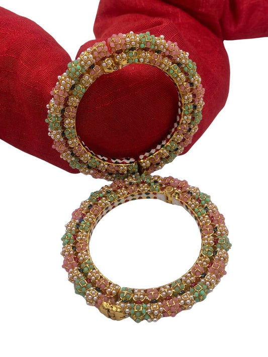 Traditional Pink And Green Color Pearls Bangle Set For Women Bangles