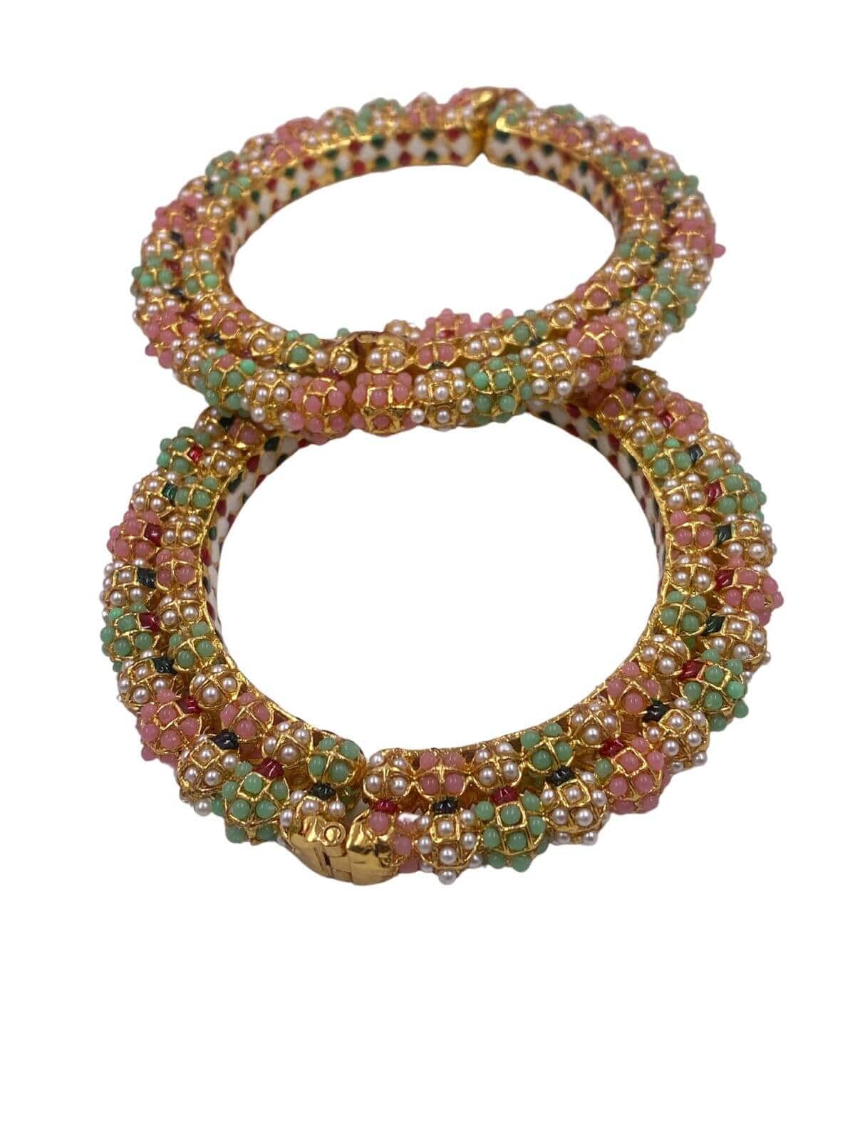 Traditional Pink And Green Color Pearls Bangle Set For Women Bangles