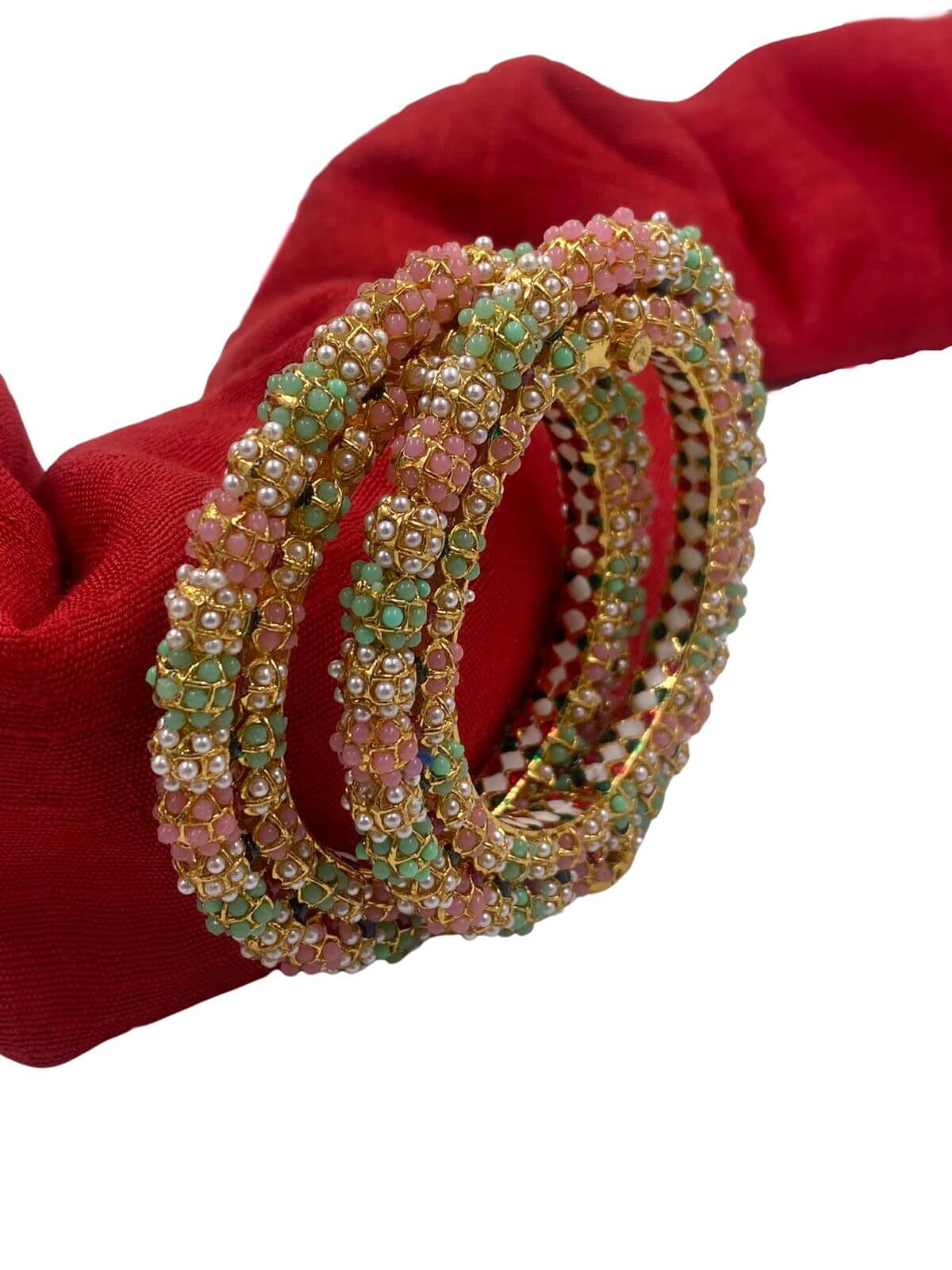 Traditional Pink And Green Color Pearls Bangle Set For Women Bangles