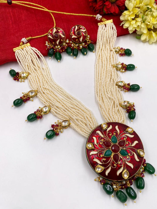 Traditional Red Meenakari Pendant Necklace Set With Pearls By Gehna Shop Meenakari Necklace Sets