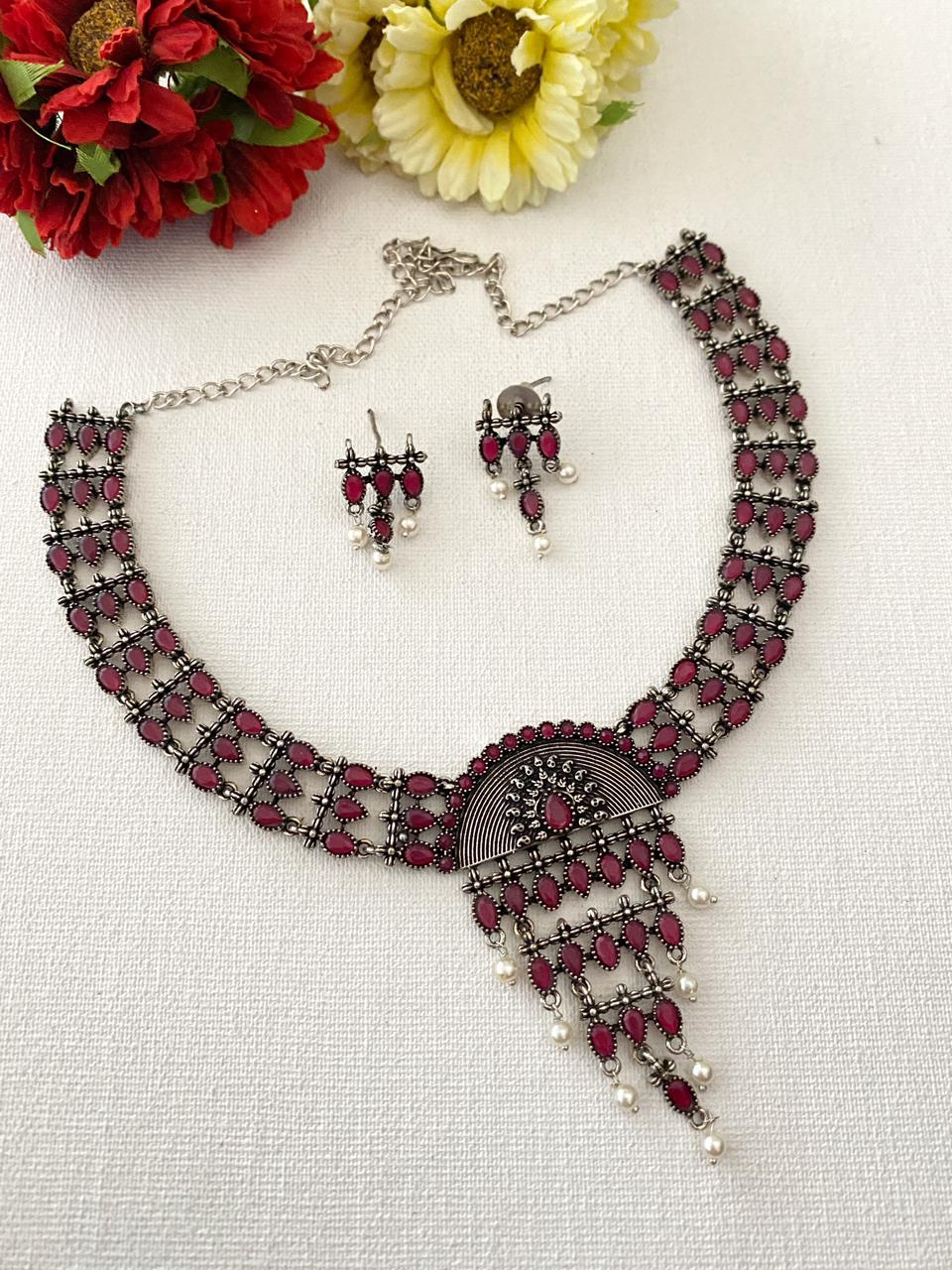 Tribal Look Oxidised Silver Necklace Set By Gehna Shop Oxidised Necklace Set