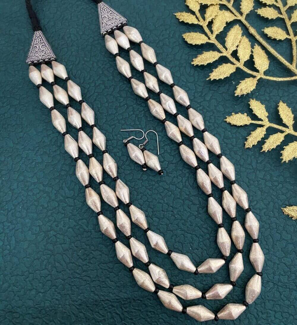 Triple Layered Handcrafted Silver Toned Dholki Beads Necklace Set Beads Jewellery