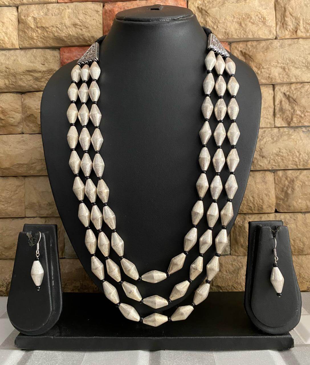 Triple Layered Handcrafted Silver Toned Dholki Beads Necklace Set Beads Jewellery