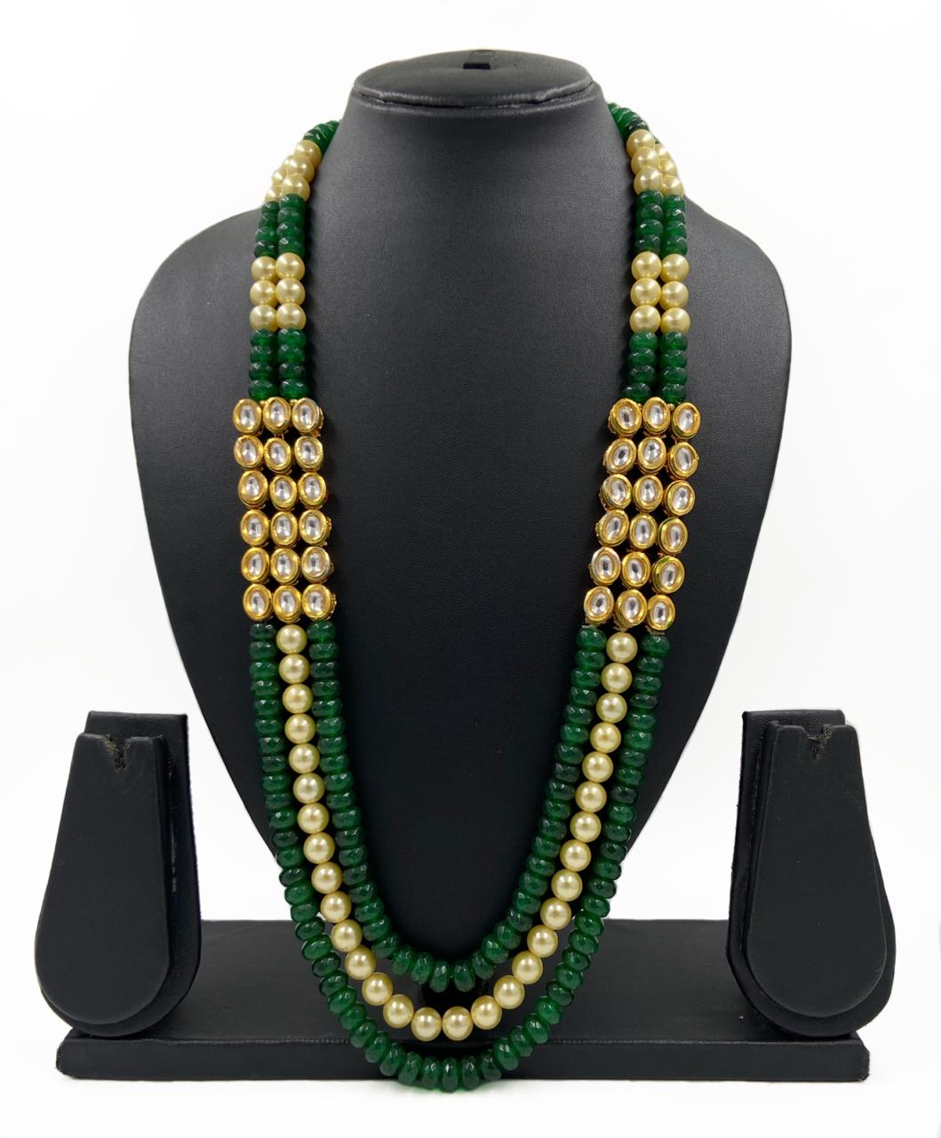 Triple Layered Semi Precious Green Jade And Pearl Beaded Necklace For Men. Beads Jewellery