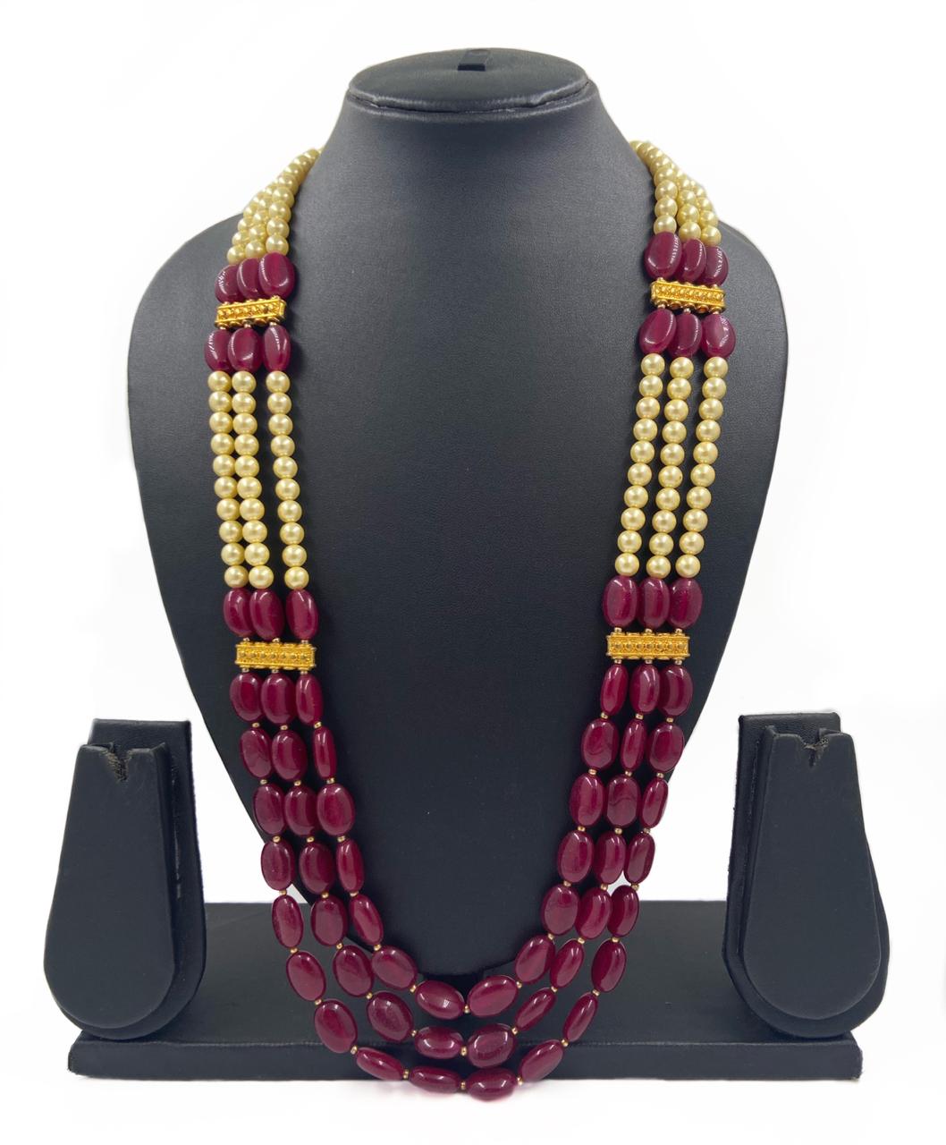 Triple layered Semi Precious Red Jade Pearl Beads Necklace For Men. Beads Jewellery