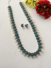 Turquoise Stone Studded Long Oxidised Necklace Set For Ladies By Gehna Shop Oxidised Necklace Set