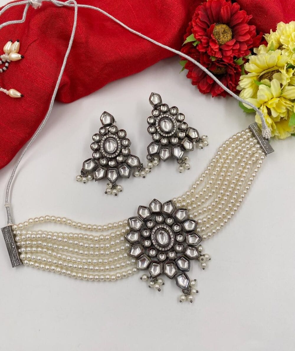 Victorian Oxidized Kundan Choker Necklace With Pearls By Gehna Shop Victorian Necklace Sets