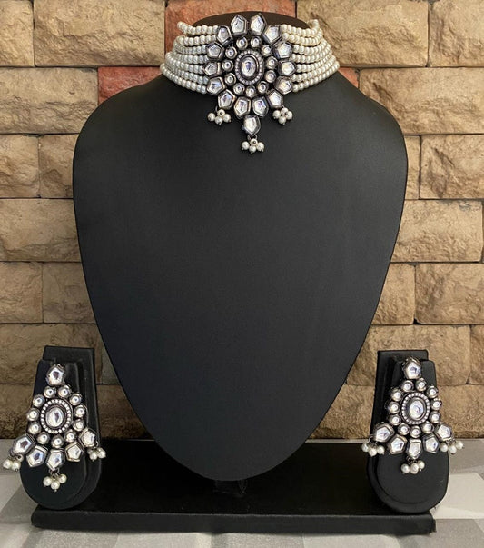 Victorian Oxidized Kundan Choker Necklace With Pearls By Gehna Shop Victorian Necklace Sets