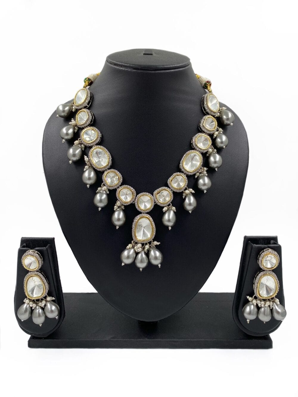 Victorian Oxidized Polki Kundan With Grey Pearls Necklace Set By Gehna Shop Victorian Necklace Sets