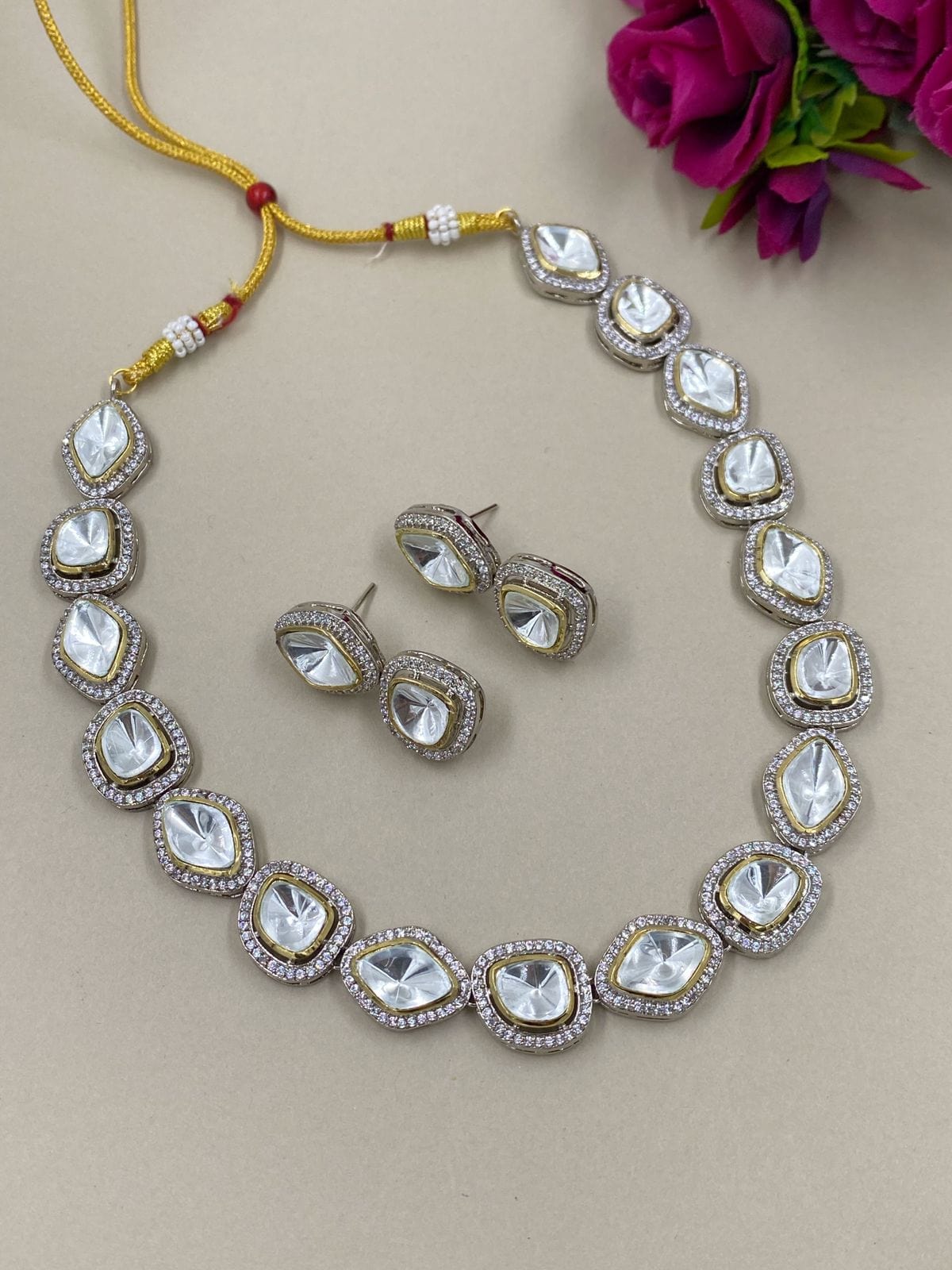 Victorian Rhodium Plated Single Layer Uncut Polki Necklace By Gehna Shop Victorian Necklace Sets