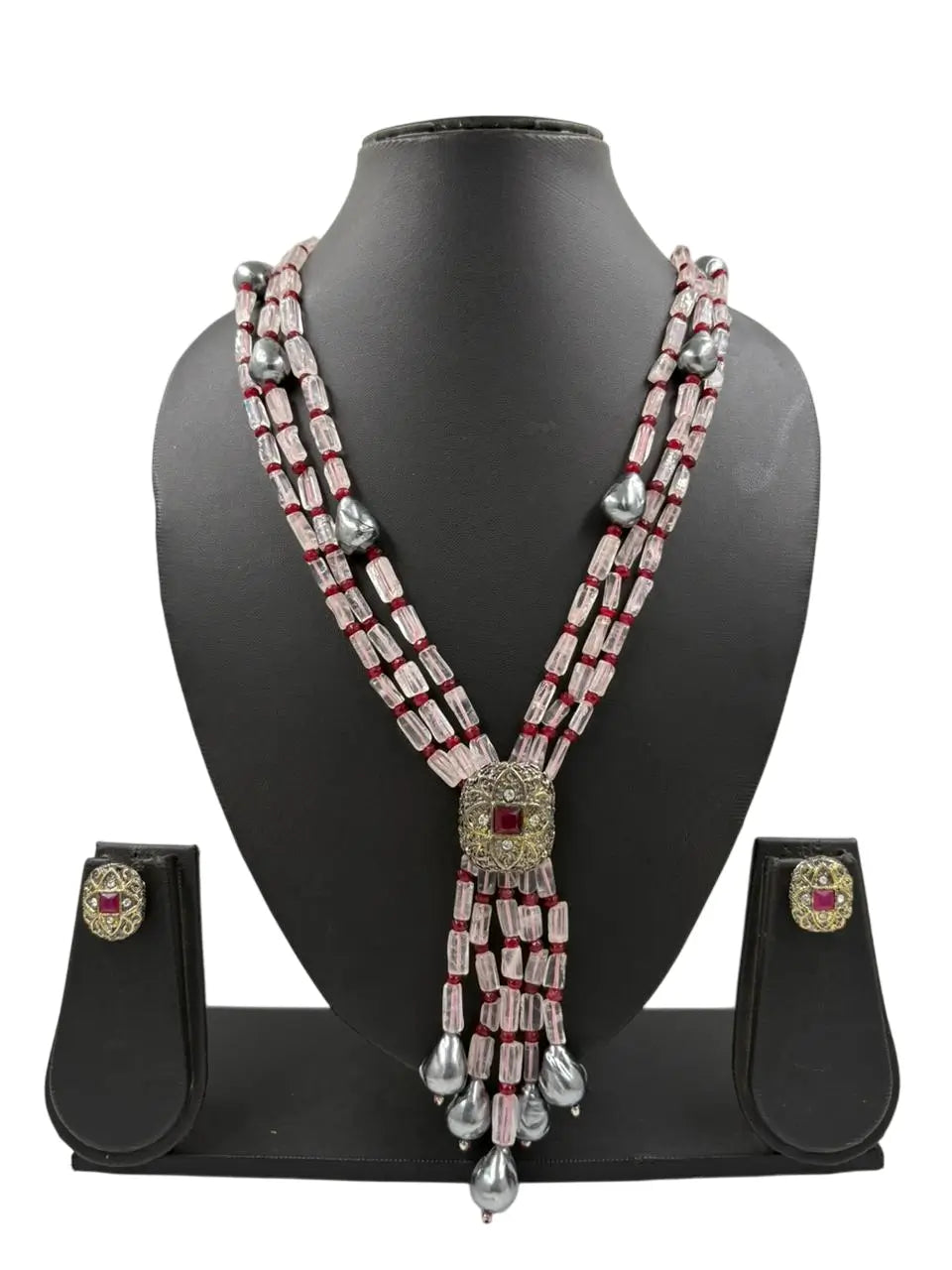 Designer Multi-Layered Long Pink Gemstone Beaded Necklace For Women