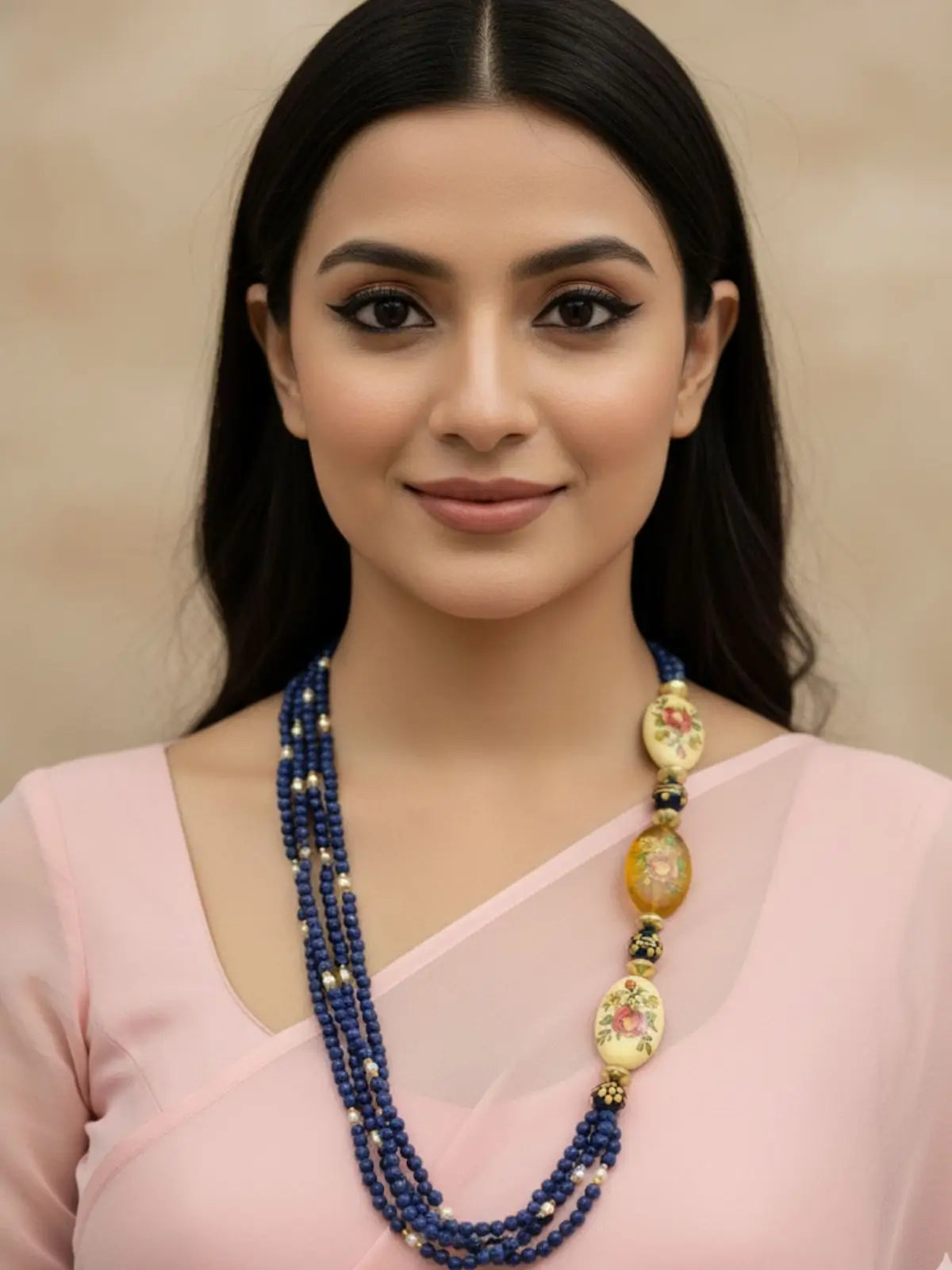 Handmade Blue Jade Beaded Necklace Set with Floral Motifs – Elegant Ethnic Jewellery