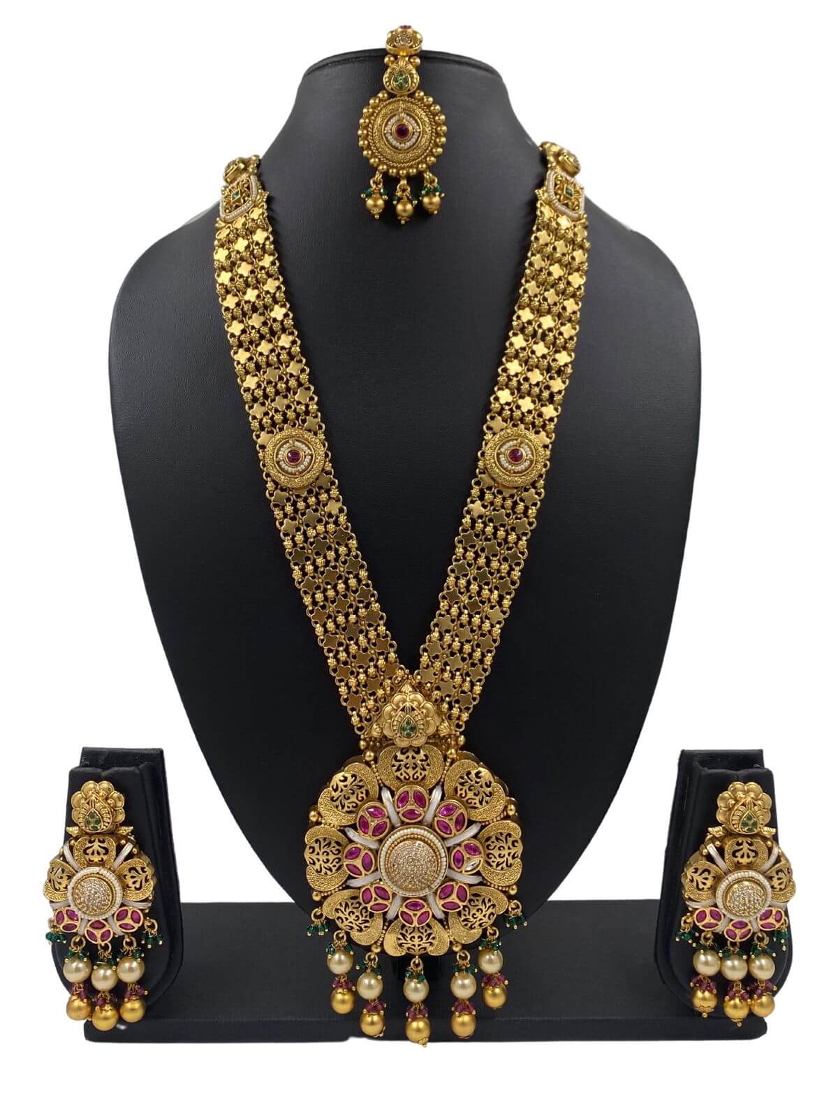 Swara Long Antique Gold Jewellery Necklace Set For Weddings By Gehna Shop Red